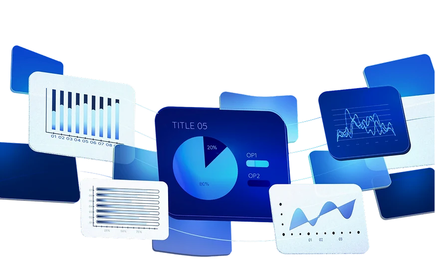 Minh họa các dashboard trực quan với biểu đồ cột, thanh, tròn và đường