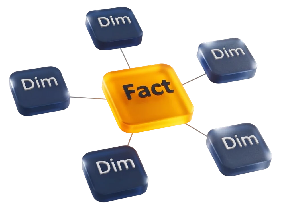 Mô hình ngôi sao: một bảng Fact ở trung tâm liên kết với các bảng Dimension
