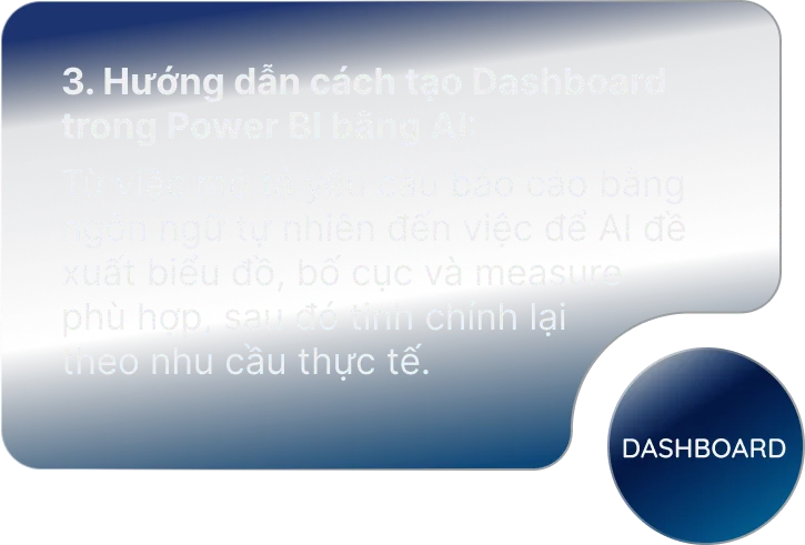 3. Hướng dẫn cách tạo Dashboard trong Power BI bằng AI:. Từ việc mô tả yêu cầu báo cáo bằng ngôn ngữ tự nhiên đến việc để AI đề xuất biểu đồ, bố cục và measure phù hợp, sau đó tinh chỉnh lại theo nhu cầu thực tế.. Dashboard