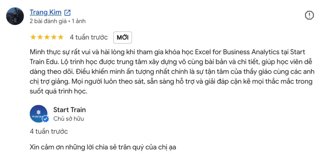 Phản hồi học viên Excel
