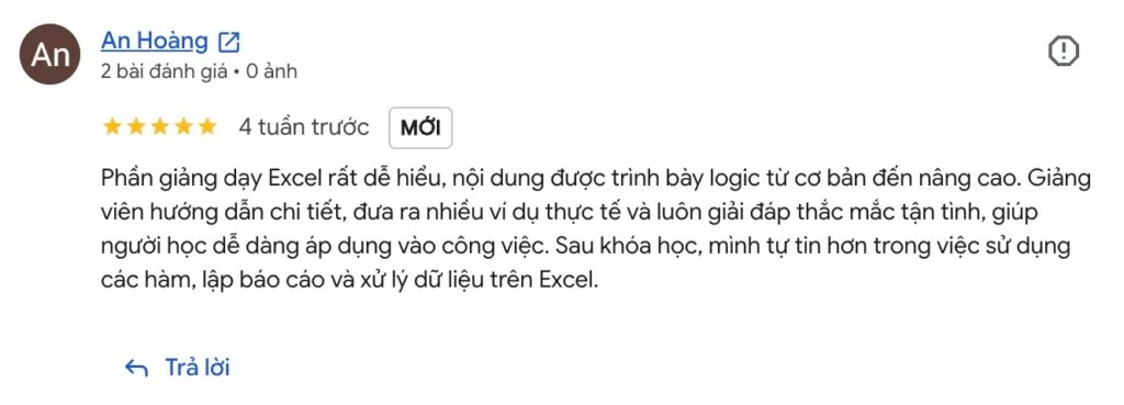 Phản hồi học viên Excel