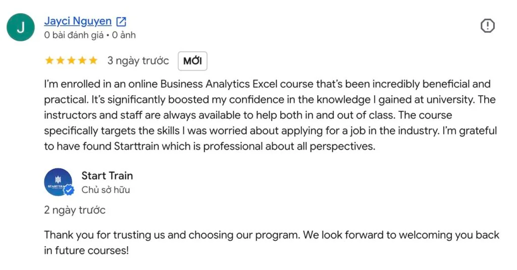 Phản hồi học viên Excel