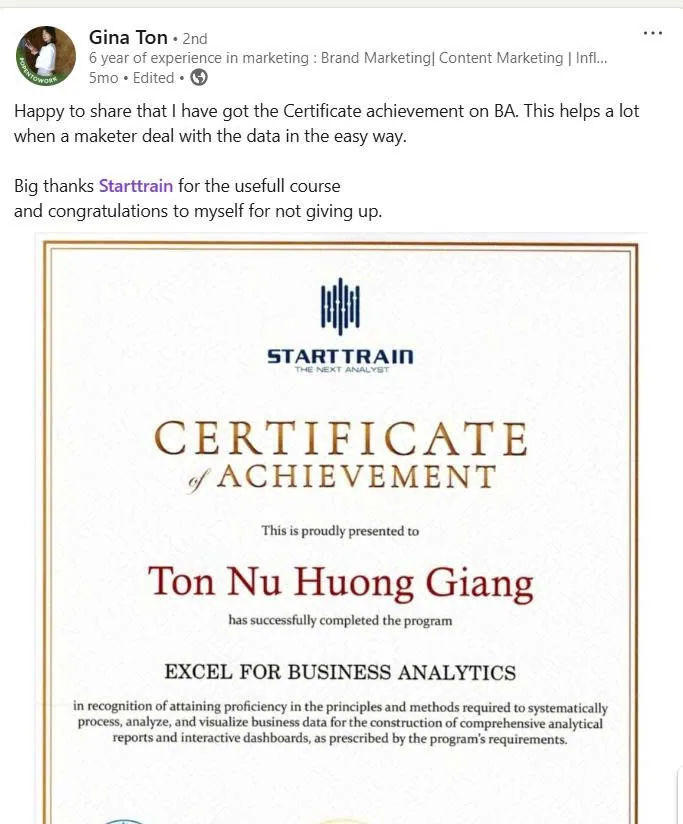 Phản hồi học viên Excel