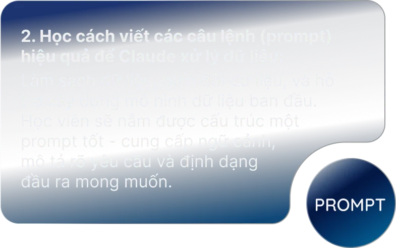 2. Học cách viết các câu lệnh (prompt) hiệu quả để Claude xử lý dữ liệu:. Làm sạch dữ liệu, biến đổi dữ liệu, và hỗ trợ xây dựng mô hình dữ liệu ban đầu. Học viên sẽ nắm được cấu trúc một prompt tốt – cung cấp ngữ cảnh, mô tả rõ yêu cầu và định dạng đầu ra mong muốn.. Prompt