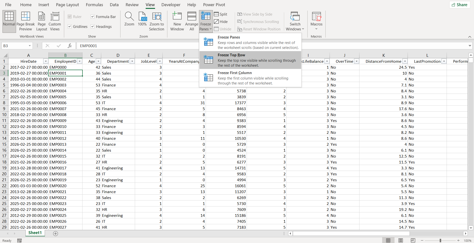 Cố định duy nhất một hàng đầu tiên
