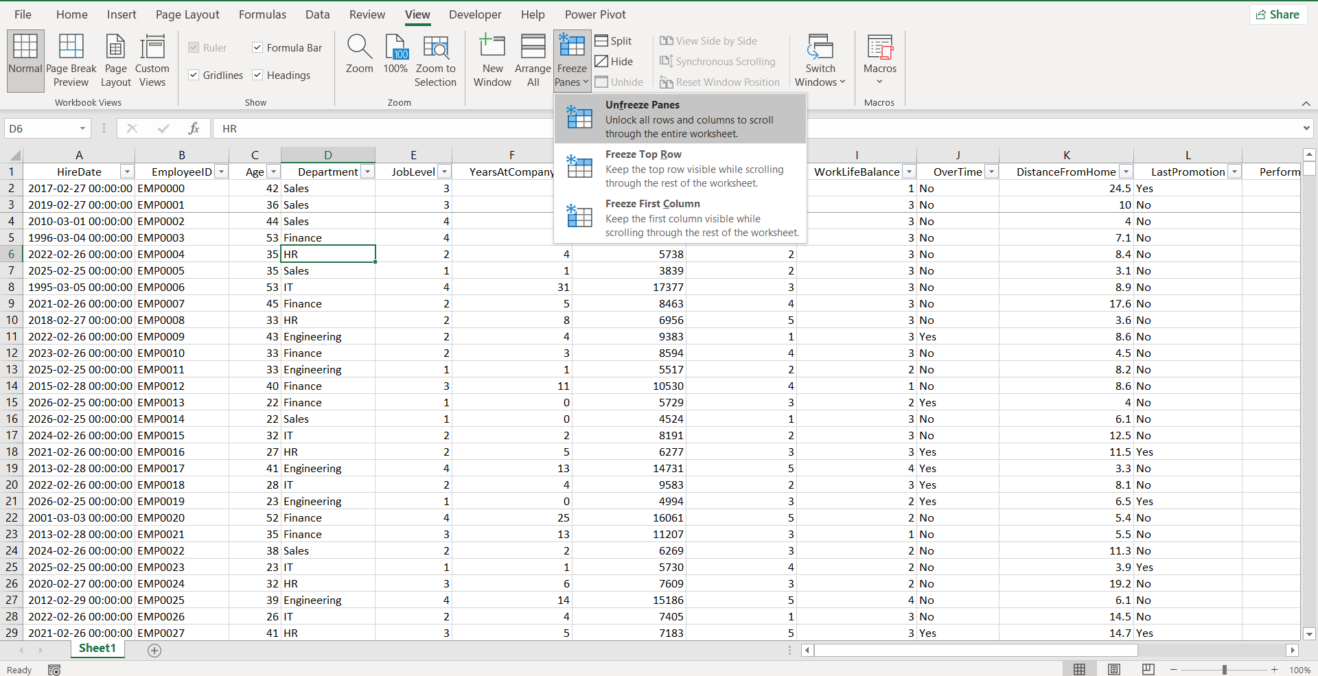 hủy cố định hàng Excel