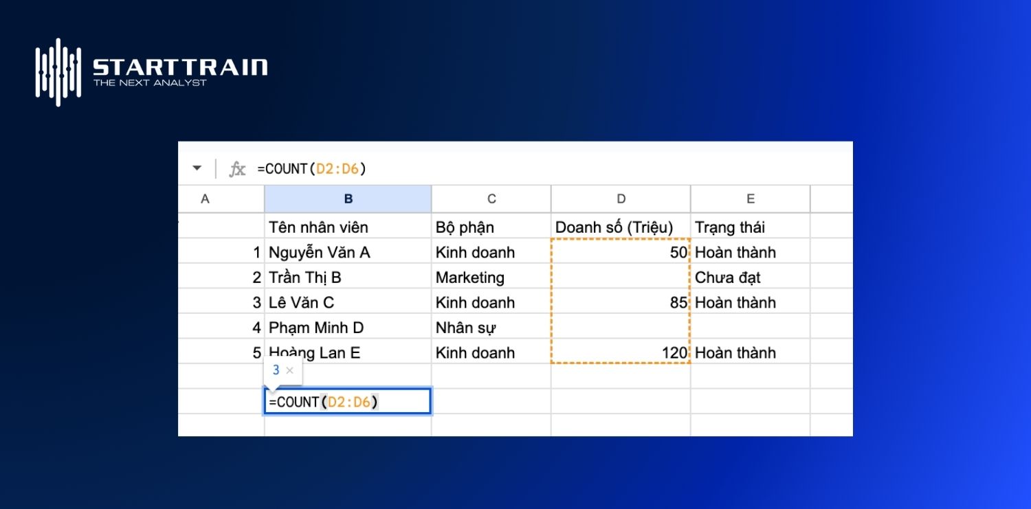Các trường hợp sử dụng hàm COUNT trong Excel