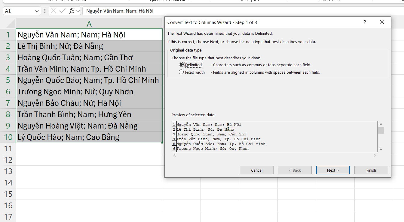 Các cách tách chữ trong Excel
