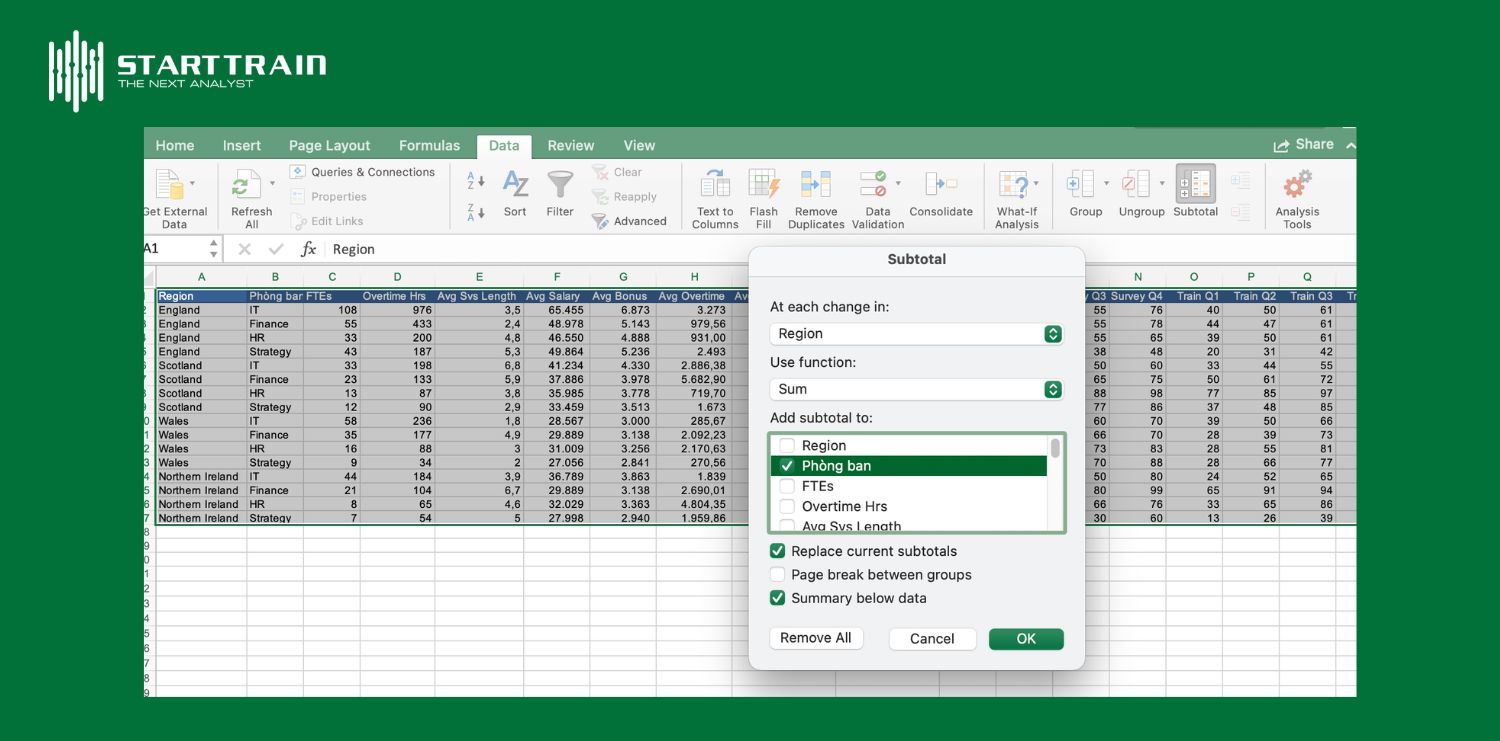 Tính năng Automatic Subtotal trong thẻ Data