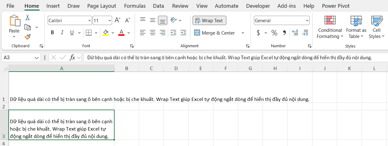 Tự động ngắt dòng với Wrap Text