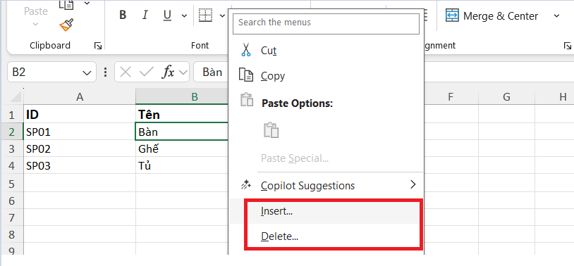 Thêm/Xóa hàng và cột