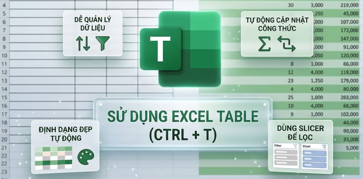 Sử dụng Excel Table (Ctrl + T)