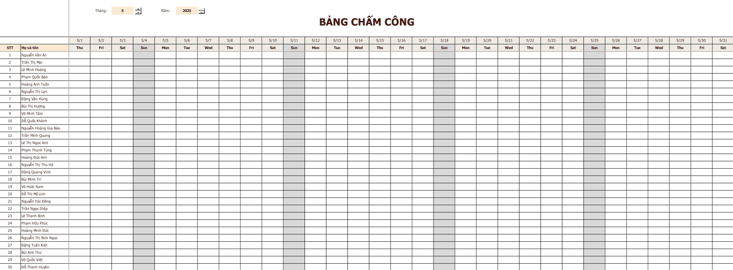Mẫu Excel bảng chấm công nhân viên tự động