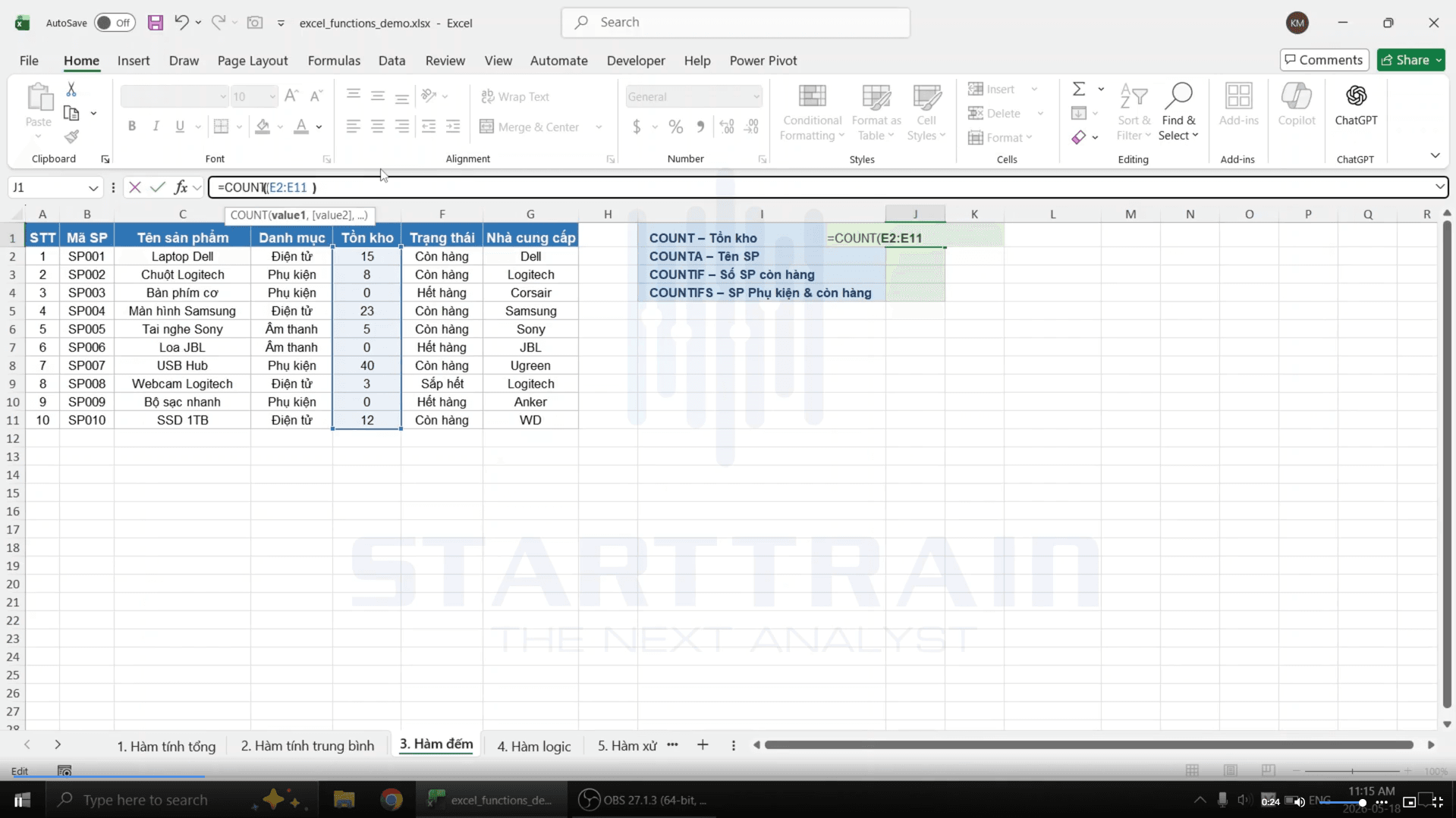 hàm đếm trong excel