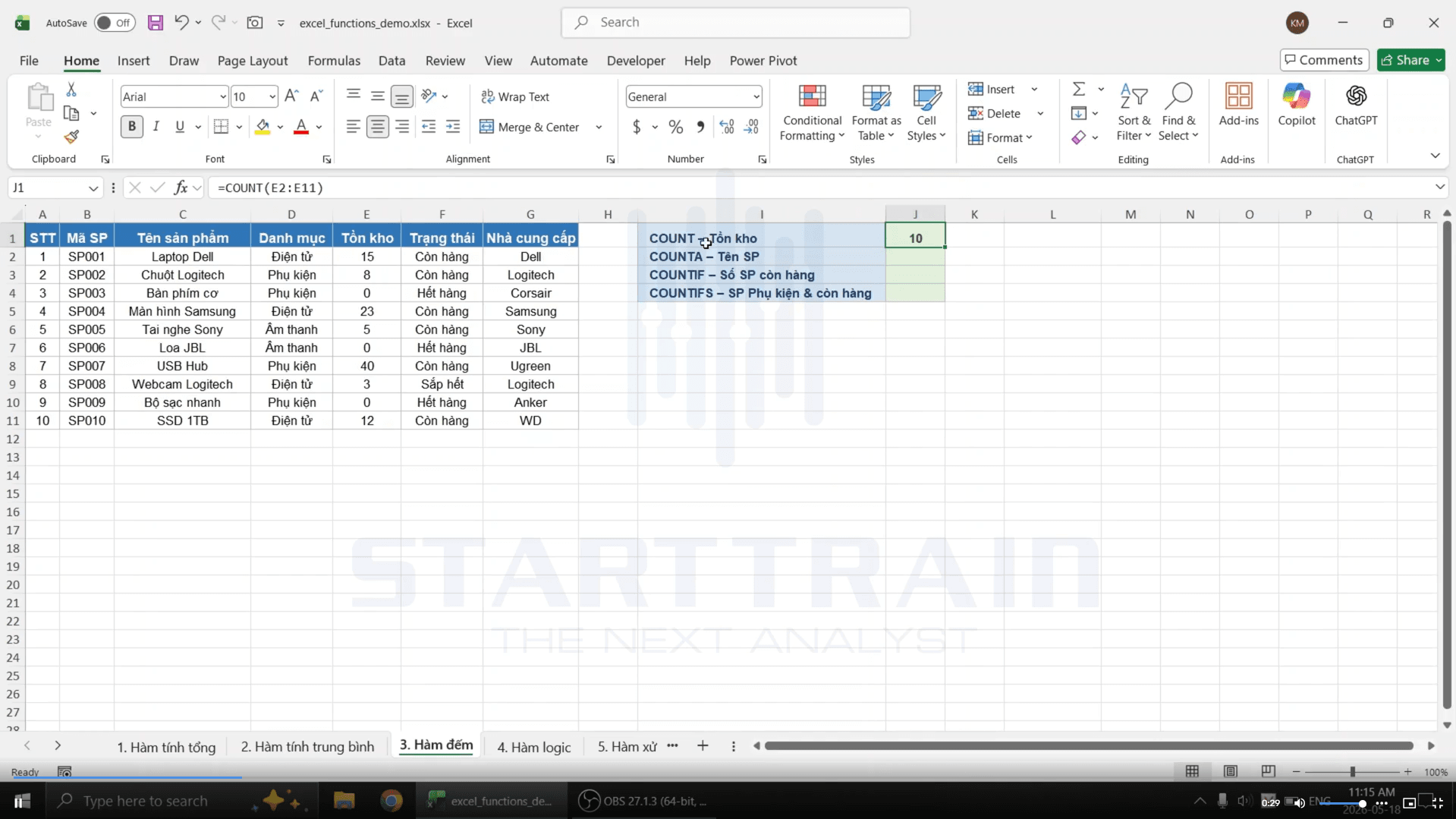 hàm đếm trong excel