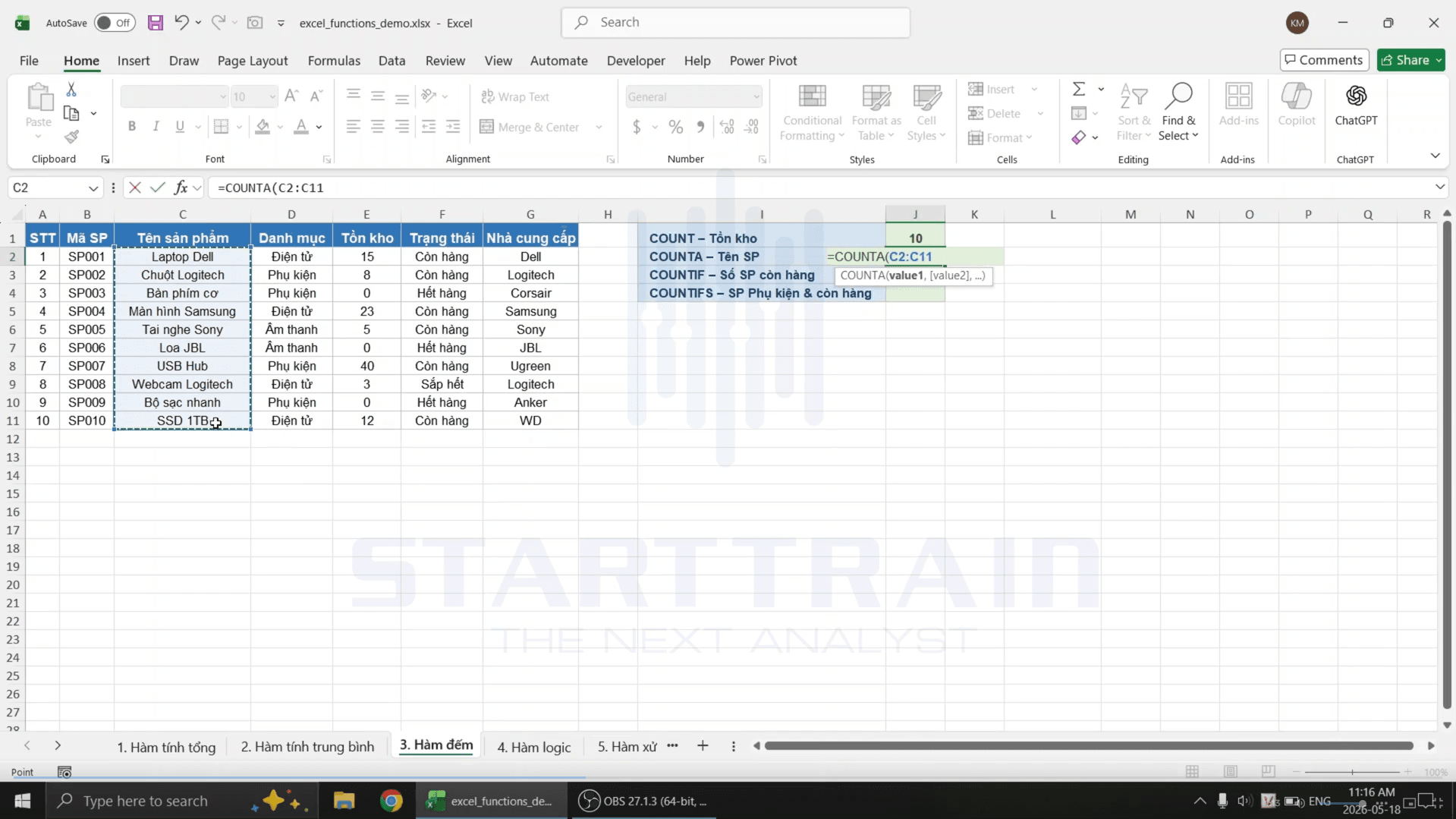 hàm đếm trong excel