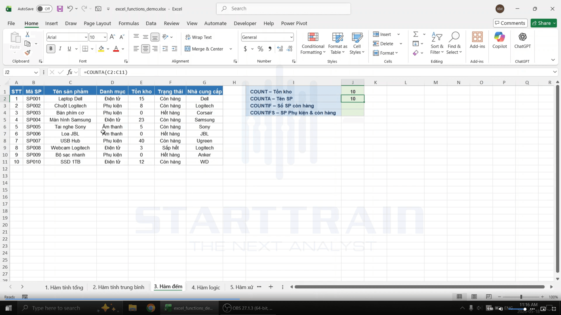 hàm đếm trong excel