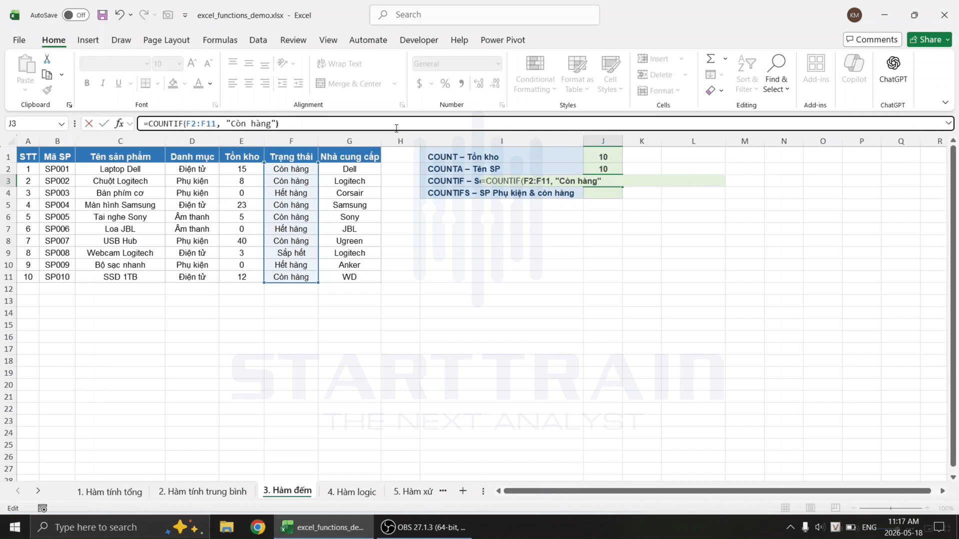 hàm đếm trong excel