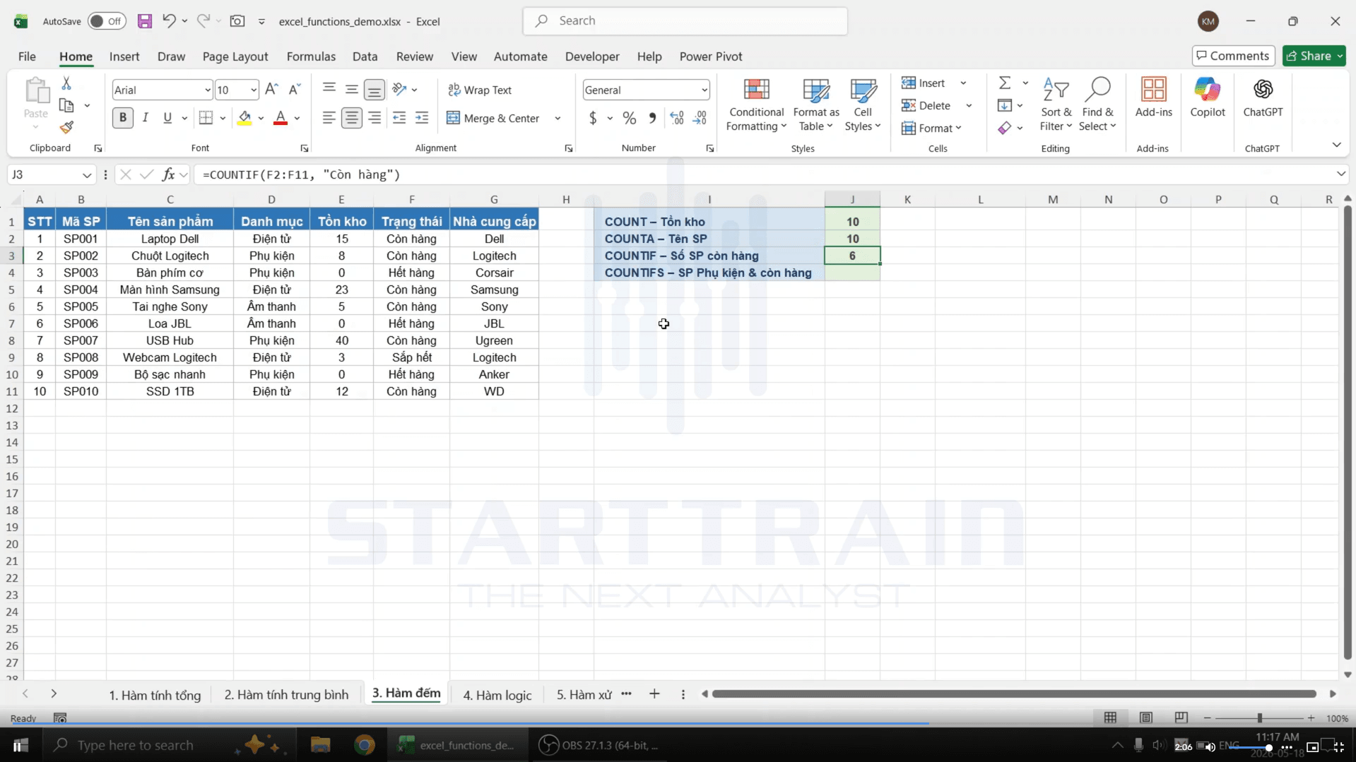 hàm đếm trong excel