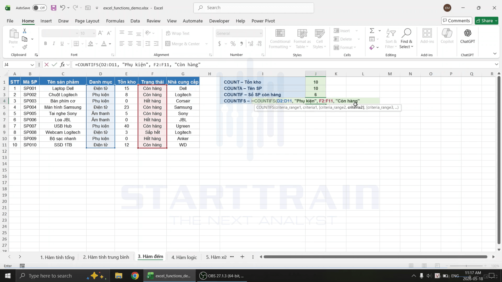 hàm đếm trong excel