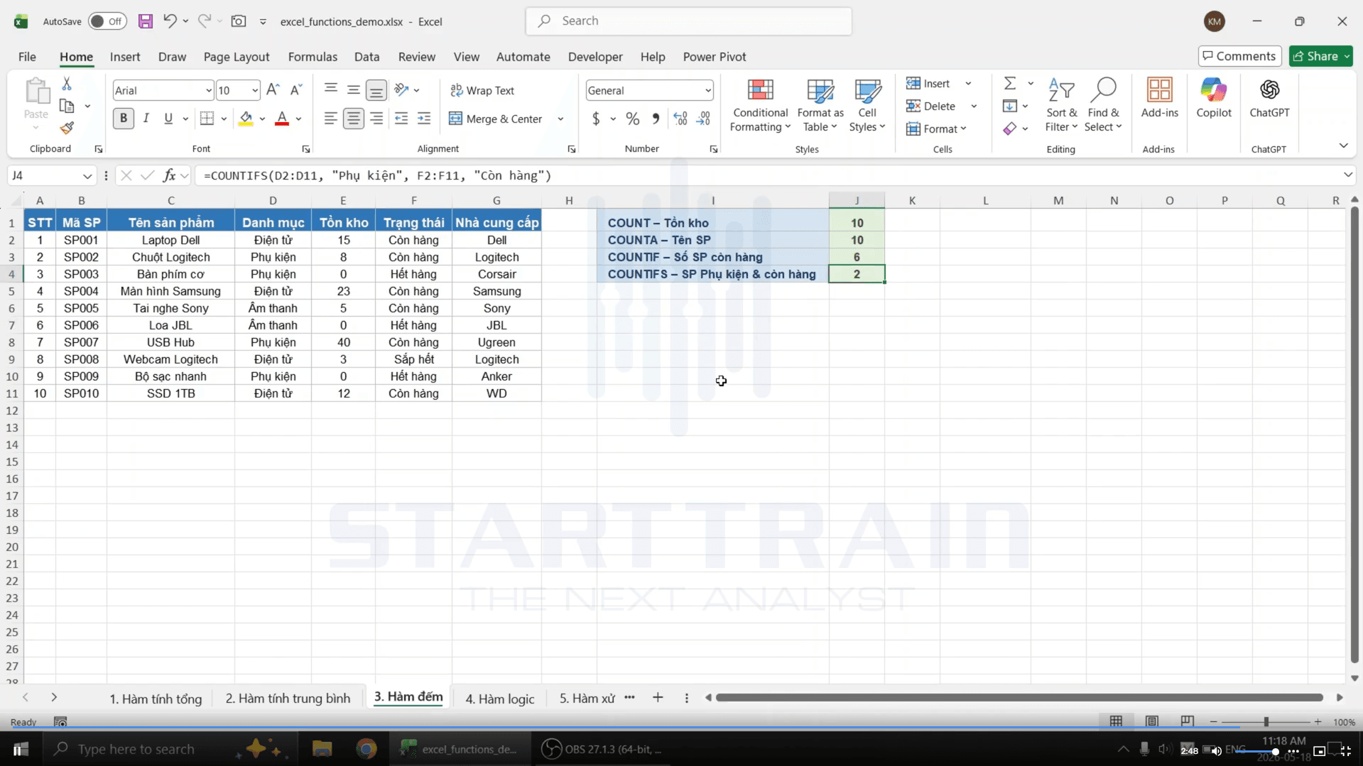 hàm đếm trong excel