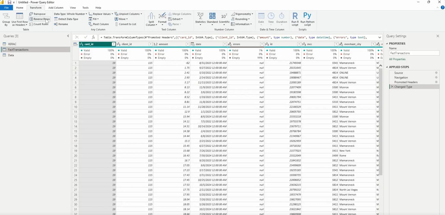 chức năng Reverse Rows trong Power Query