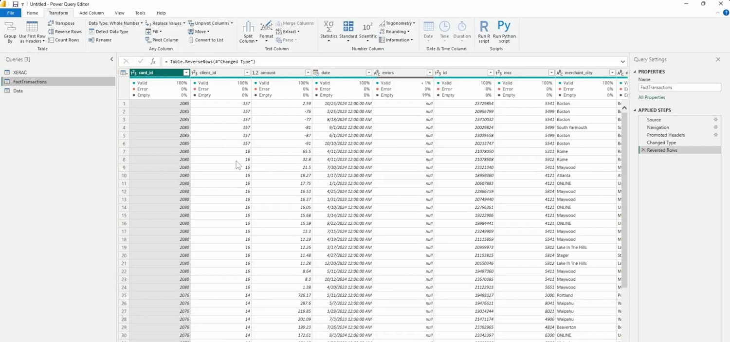 chức năng Reverse Rows trong Power Query