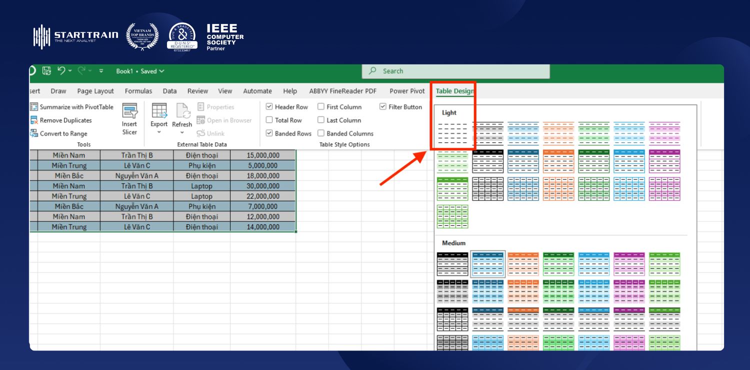Các kiểu tùy chỉnh và định dạng bảng trong Excel