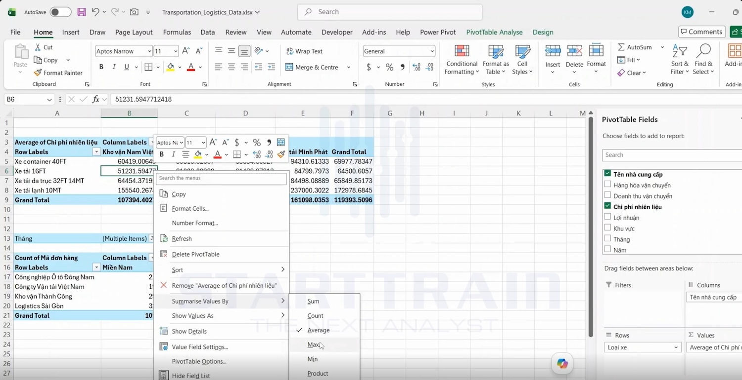 Chức năng Summarize Values By trong Pivot Table
