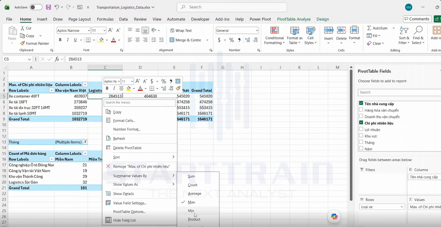 Chức năng Summarize Values By trong Pivot Table