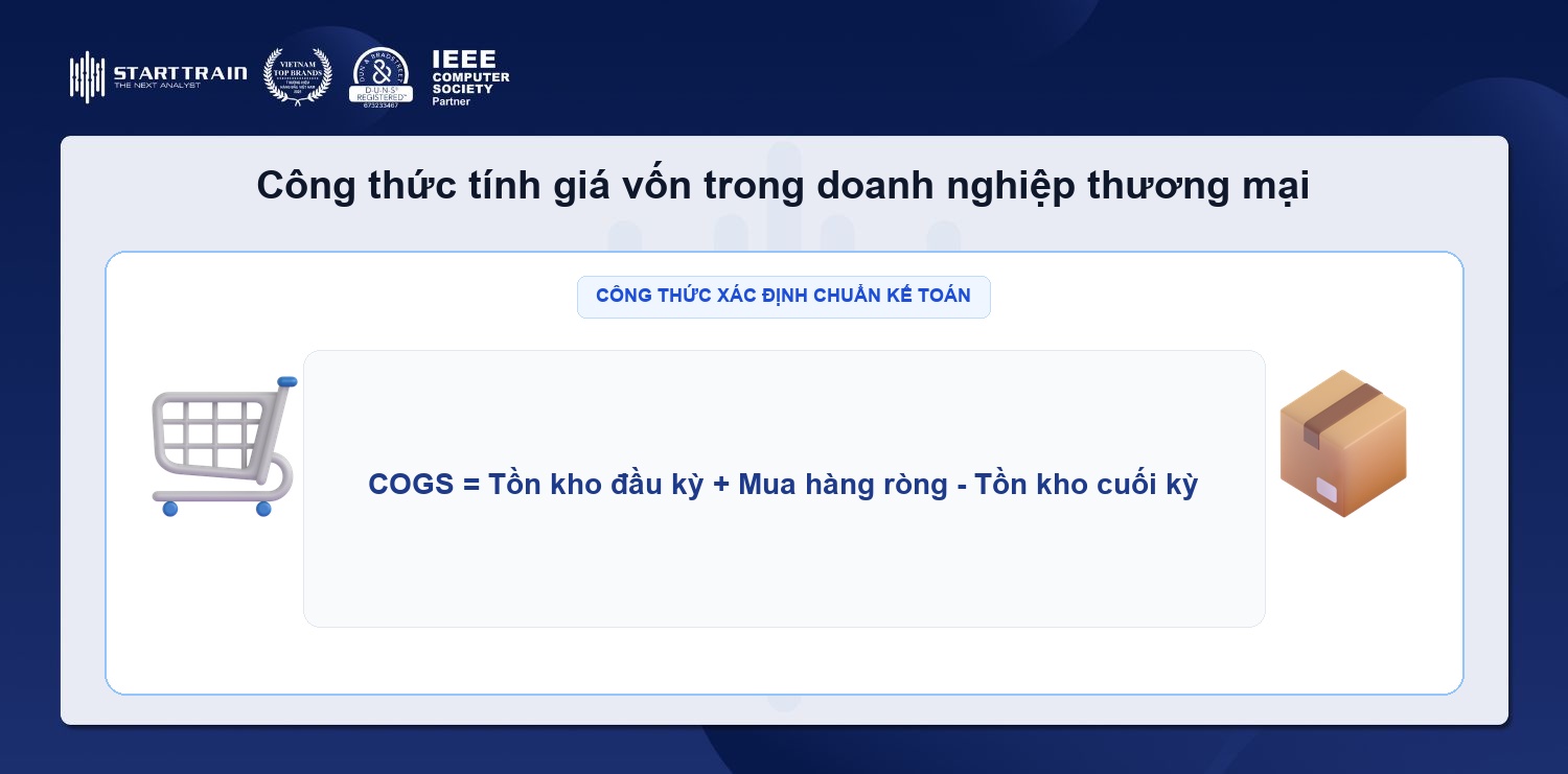 Công thức tính giá vốn hàng bán doanh nghiệp thương mại tồn đầu kỳ mua trong kỳ tồn cuối kỳ